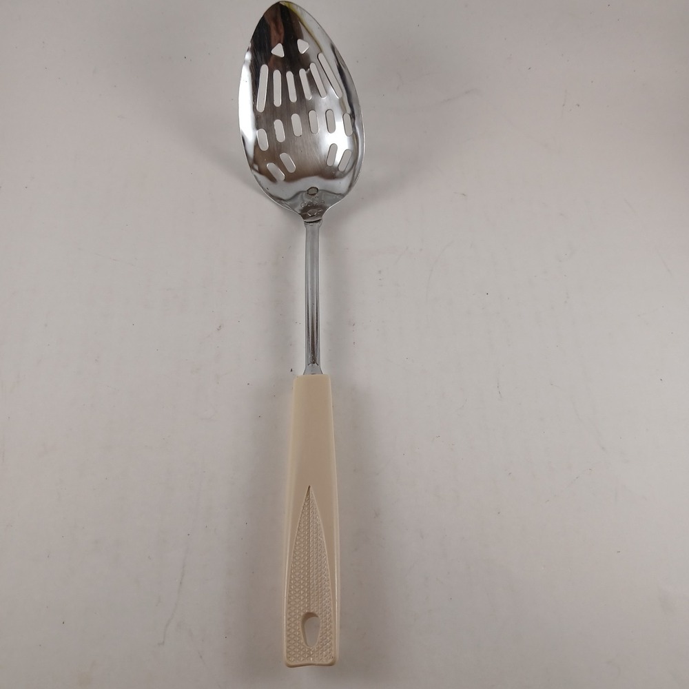 Vintage Ekco Slotted‎ Serving Spoon Stainless Steel Beige Plastic Handle